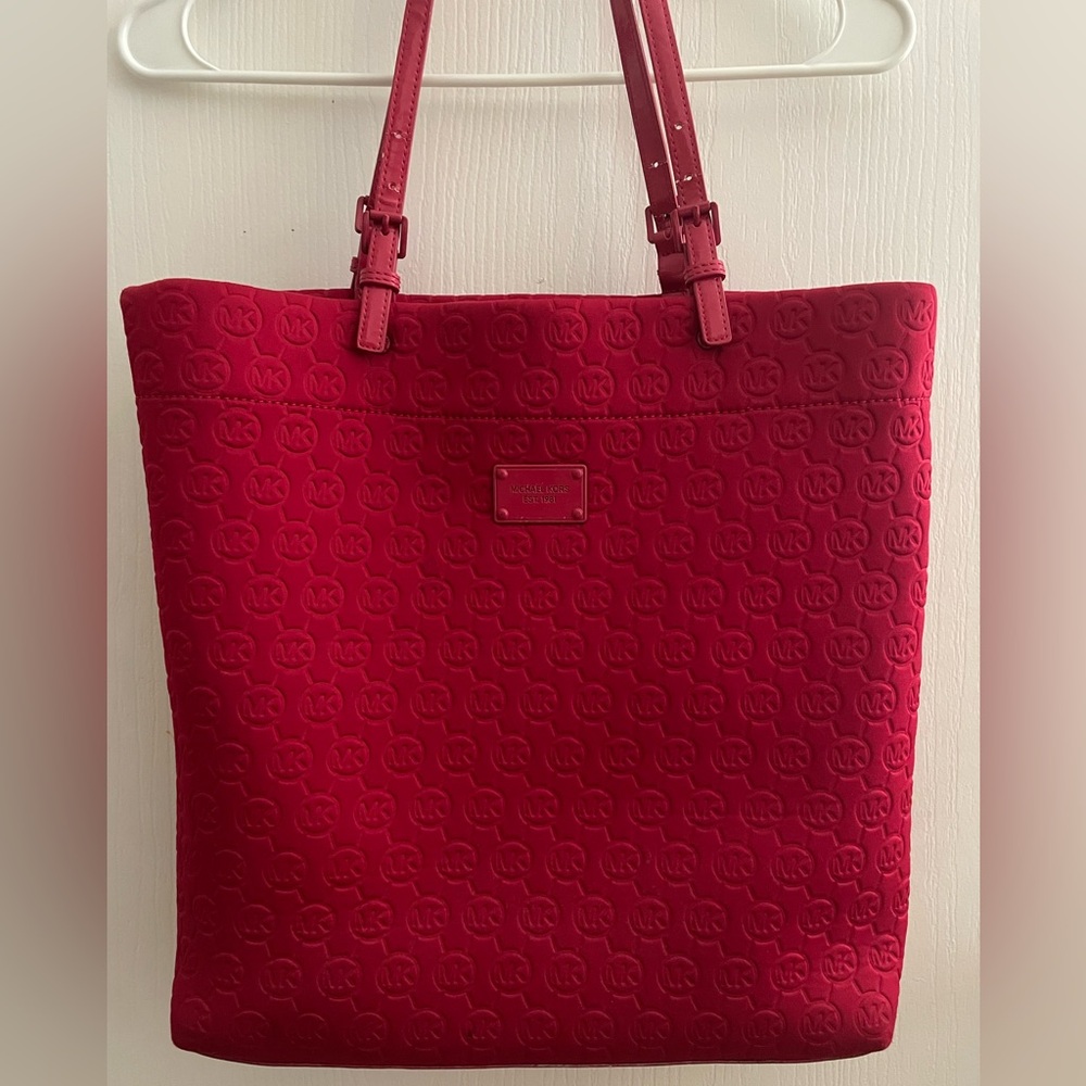 Michael Kors Embossed Neoprene/Patent leather Handles Red Tote Bag *preloves